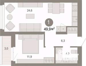 1-к квартира, вторичка, 50м2, 6/9 этаж