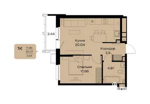 1-к квартира, строящийся дом, 44м2, 4/18 этаж