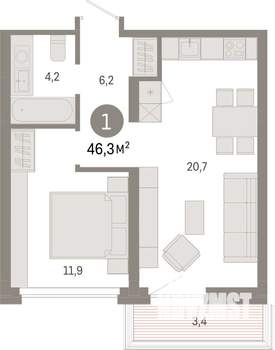 1-к квартира, вторичка, 46м2, 6/9 этаж