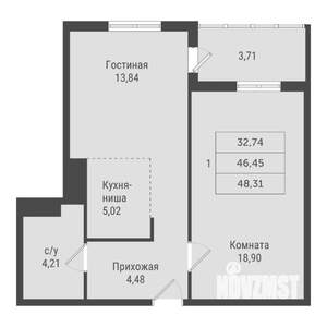 1-к квартира, вторичка, 48м2, 6/23 этаж